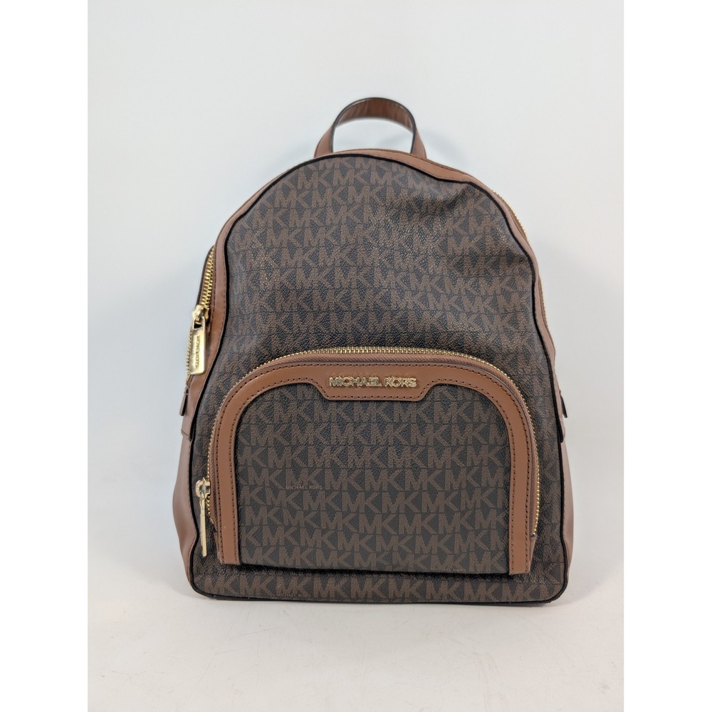 Michael Kors Jaycee Medium Backpack Brown Signature Logo Acorn Leather Trim